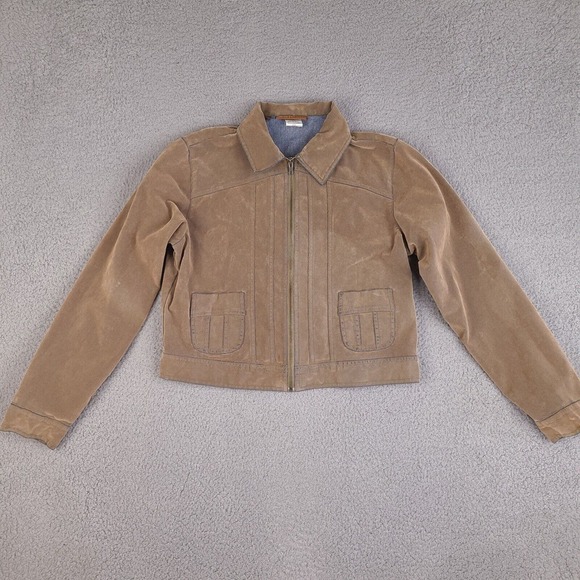 Lee Jacket Womans Large Brown Suede Covered Denim Distressed Worn Rayon Cotton - Picture 1 of 16